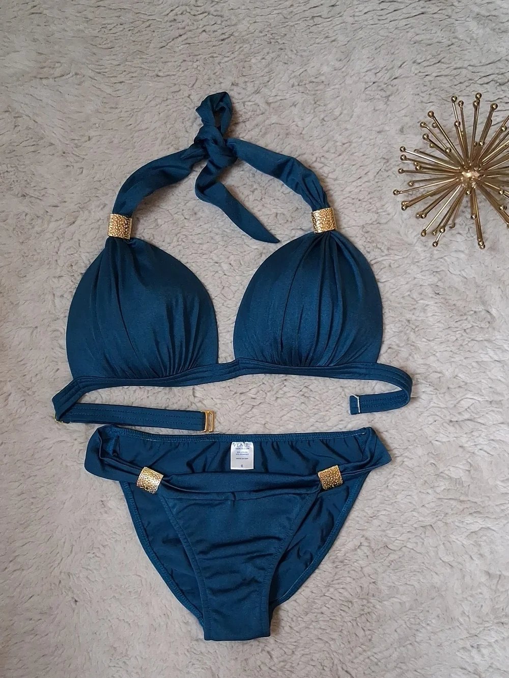 Venus Teal Blue And Gold Goddess Enhancer PushUp Bikini Set Top DD- Bottom Small - Picture 6 of 16